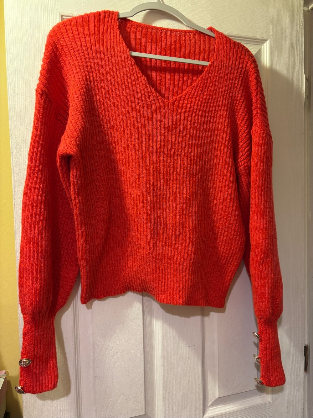 ME Makeover Essentials Vibrant Orange V-Neck Ribbed Sweater with Cuff Buttons